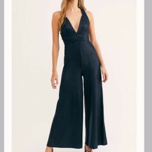 Free People Navy Shimmer Sierra Jumpsuit Sz Small